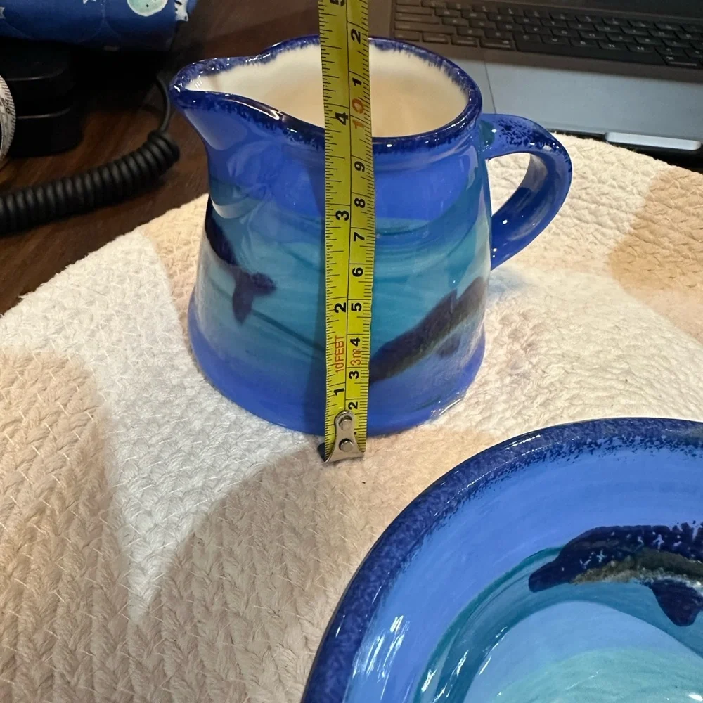 Handmade Blue Whale Pottery‎ Creamer Pitchers & Bowl Set Signed